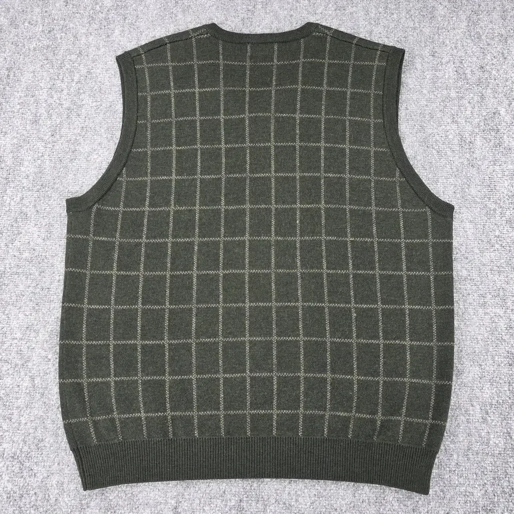 Brooks Brothers Sweater Vest Mens Large Green Windowpane Merino Wool Knit VTG HK
